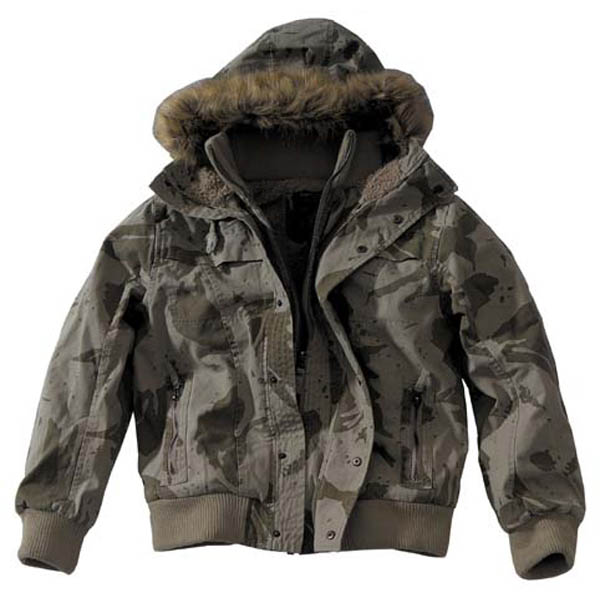 Blouson mit fellbesetzter Kapuze, Strickbund, sand camo