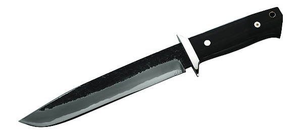 Japanisches Outdoor-Messer, Carbonstahl, Ebenholzgriff, schwarze Lederscheide