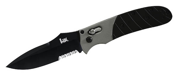 HK-Messer HK34, Spearpoint-Klinge, schwarz, Sgezahnung, AXIS-Lock, Aluminiumheft mit Kunststoffeinlagen, Clip