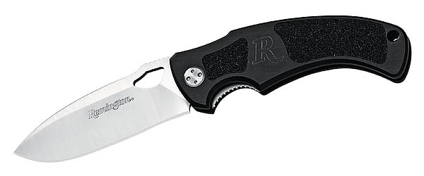 Remington Einhandmesser, Droppoint-Klinge, Stahl 440C, Aluminiumheft, Antirutsch-Einlagen, Leder-Holster