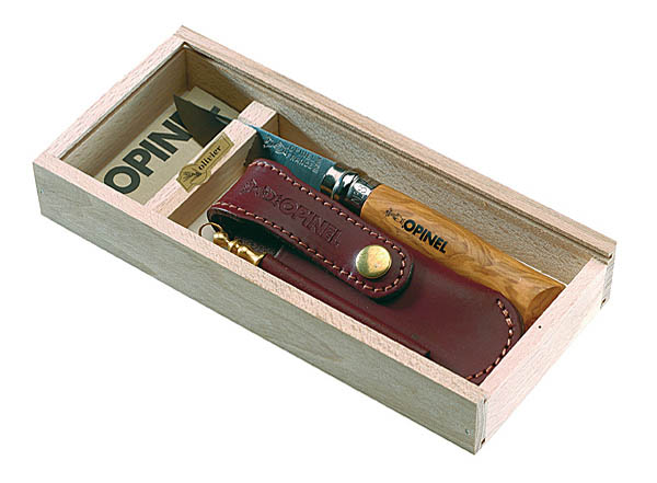 Opinel-Geschenkset inkl. Opinel-Messer Nr. 8, Lederetui, Wetzstahl, in Holzgeschenkbox