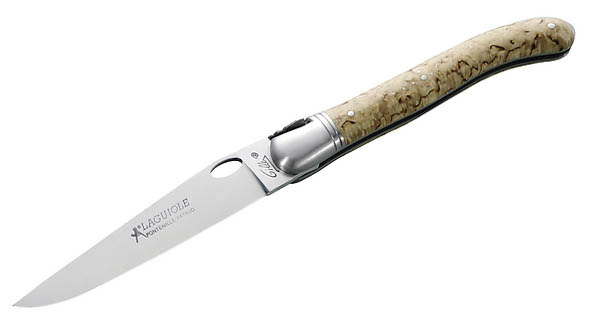 Laguiole-Messer, Stahl 12C27, Birkenholz, Einhandbedienung, Rckenfeder, Lederetui
