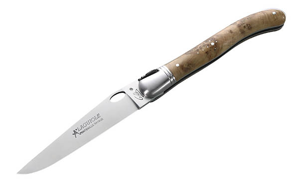Laguiole-Messer, Stahl 12C27, Wachholderholz, Einhandbedienung, Rckenfeder, Lederetui