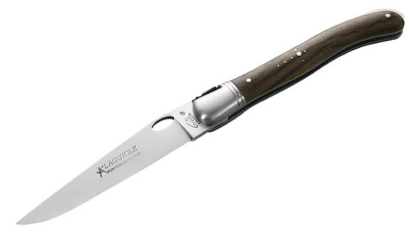 Laguiole-Messer, Stahl 12C27, Walnussholz, Einhandbedienung, Rückenfeder, Lederetui