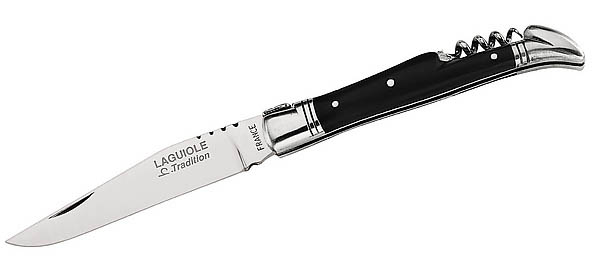 Laguiole-Messer, mit Korkenzieher, Stahl 12C27, schwarze Hornschalen