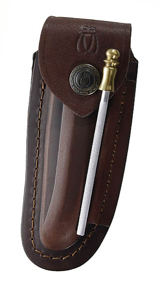 Braunes Leder-Etui, fr Laguiole-Messer mit 12 cm Heftlnge, lngs und quer tragbar, inkl. Wetzstahl 10 cm