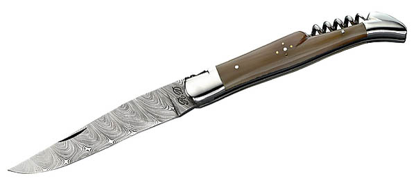 Laguiole-Messer, 116-lagige Damasteelklinge, Korkenzieher Schalen aus Hornspitze, Geschenkschatulle