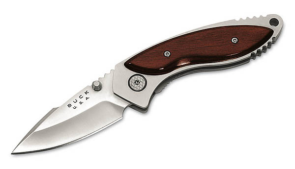 Buck Einhandmesser, Stahl ATS-34, Rosewood-Schalen, Lederscheide