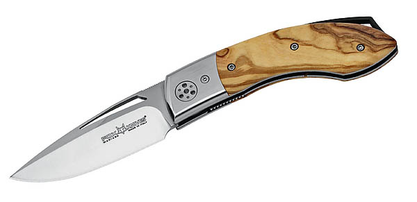 Fox Einhandmesser, N 690 Stahl, Olivenholz-Schalen Leder-Etui