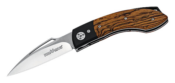 Fox Einhandmesser, N 690 Stahl, Bocote-Holz, Aluminium-Backen, Leder-Etui