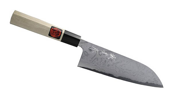 Japanisches Wahoo Kochmesser Santoku, Damastklinge, Magnolienholz, Bffelhorn