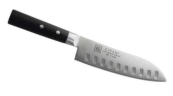 Japanisches Kochmesser Santoku, rostfrei, 33 Lagen Damast, mit Kullen, schwarzes Pakkaholz, Geschenkschachtel