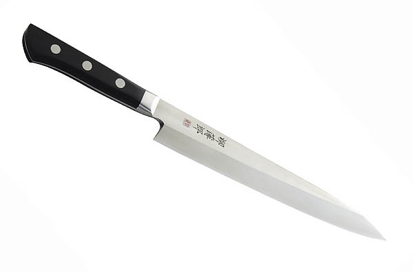 Japanisches Kochmesser Sashimi, Stahl AUS-8, Pakkaholz, Holzscheide