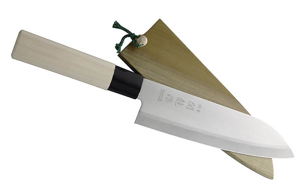 Japanisches Kochmesser Santoku, rostfrei, Holzgriff, Kunststoffzwinge, Holzscheide