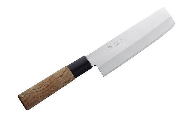 Japanisches Kochmesser, Nakiri, Dreilagenstahl-Klinge, Bubinga-Holzgriff mit Kunststoffzwinge