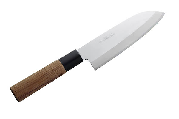 Japanisches Kochmesser, Santoku, Dreilagenstahl-Klinge Bubinga-Holzgriff mit Kunststoffzwinge