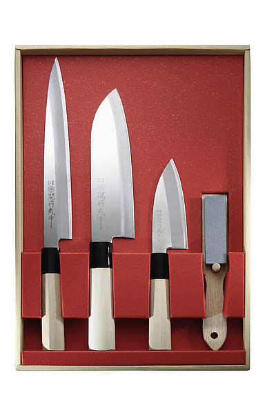 Japanisches Kochmesser-Set, 3 Messer und Abziehstein